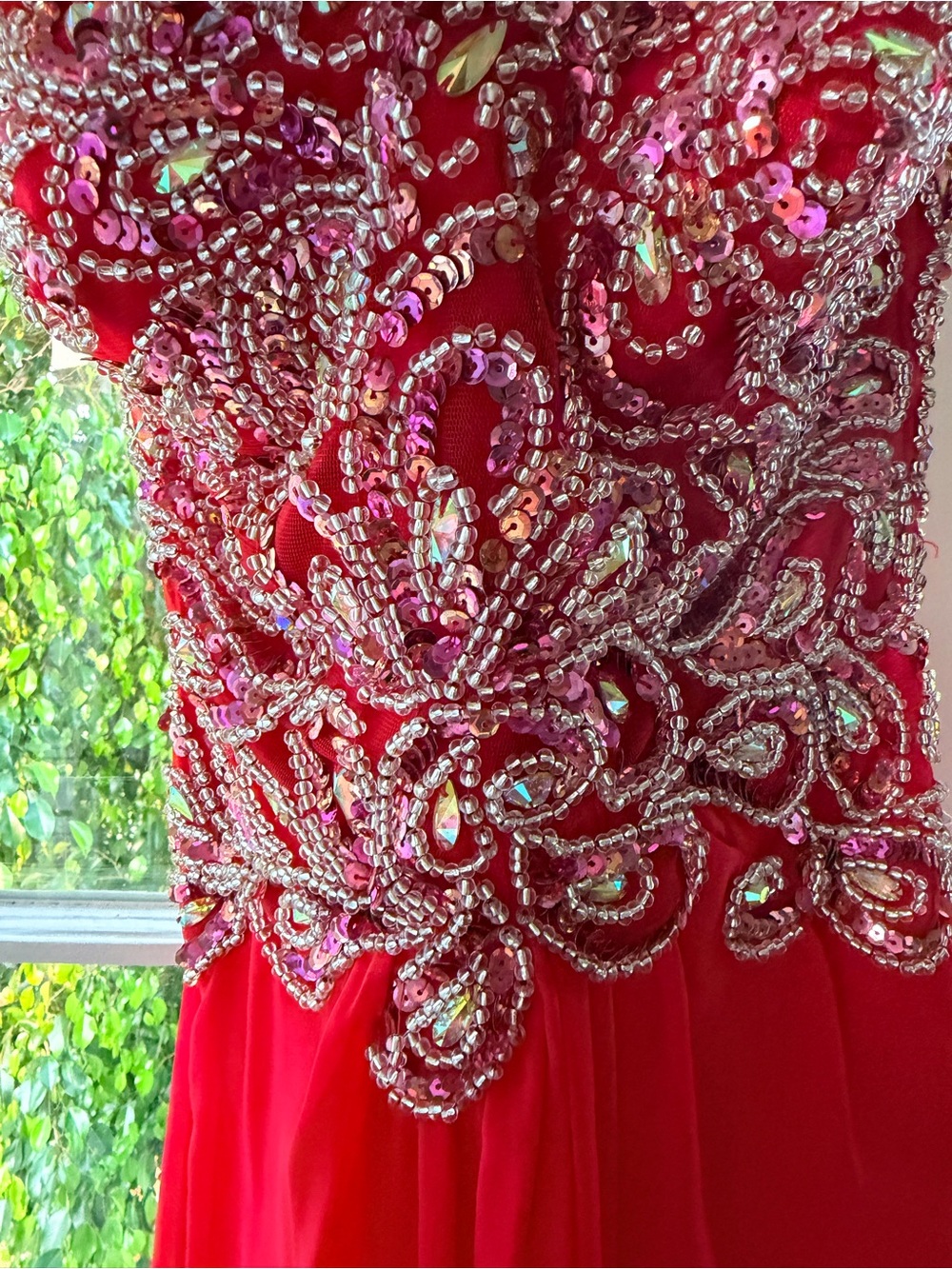 Val Stefani Women's Vibrant Red Beaded Strapless Prom Dress